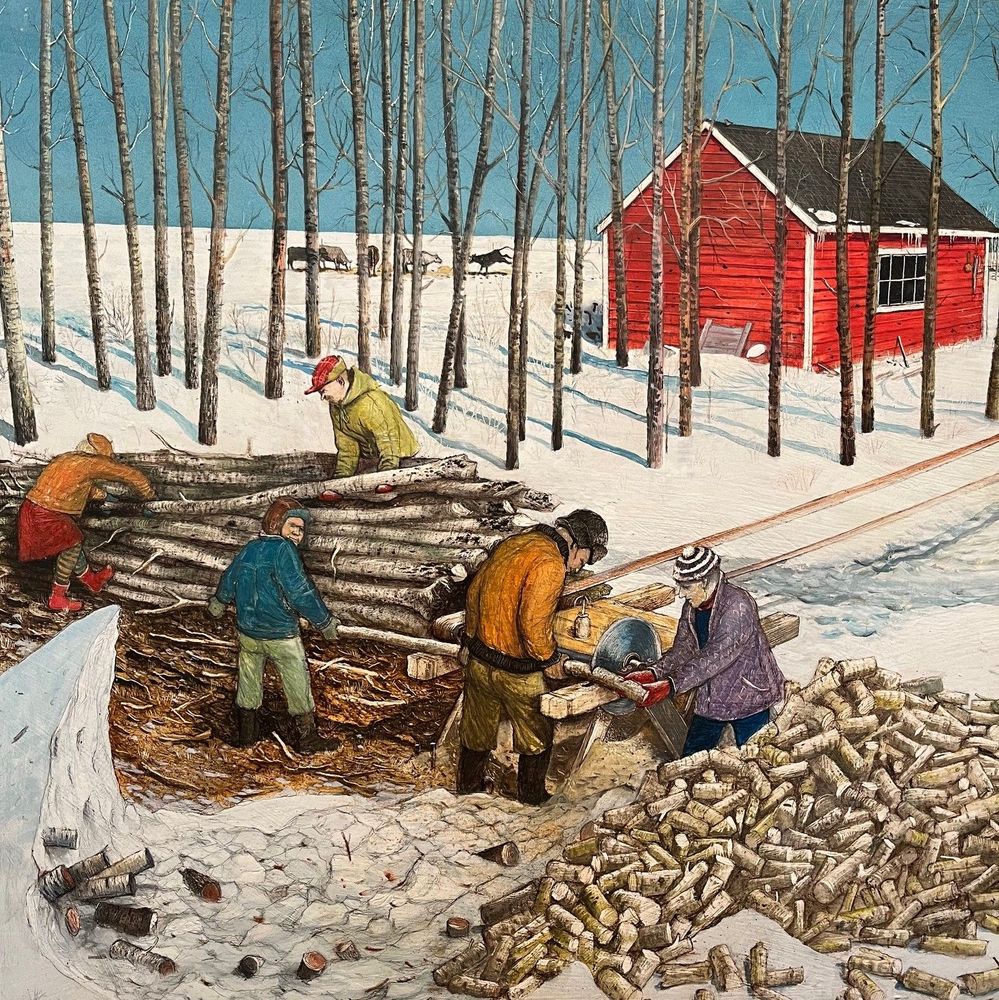 Part of a painting by William Kurelek - 'Life' - in which five people in colourful winter coats and hats and boots, against a snowy backdrop, work together in an assembly line to cut tree trunks into short pieces to use for winter fuel in their houses