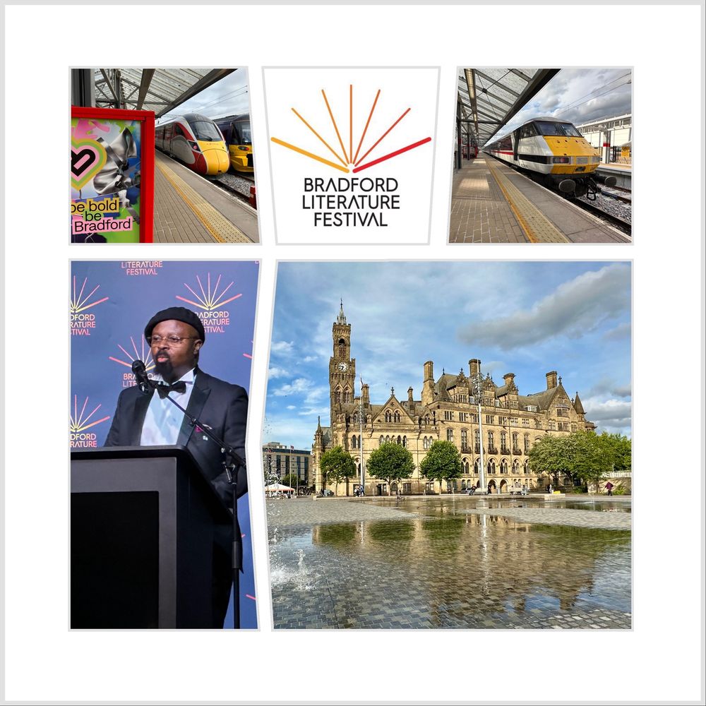 A montage showing an Azuma at Bradford Forster Square station, the Bradford Literature Festival logo, an InterCity 225 at Bradford Forster Square station, Sir Ben Okri at the podium, Centenary Square