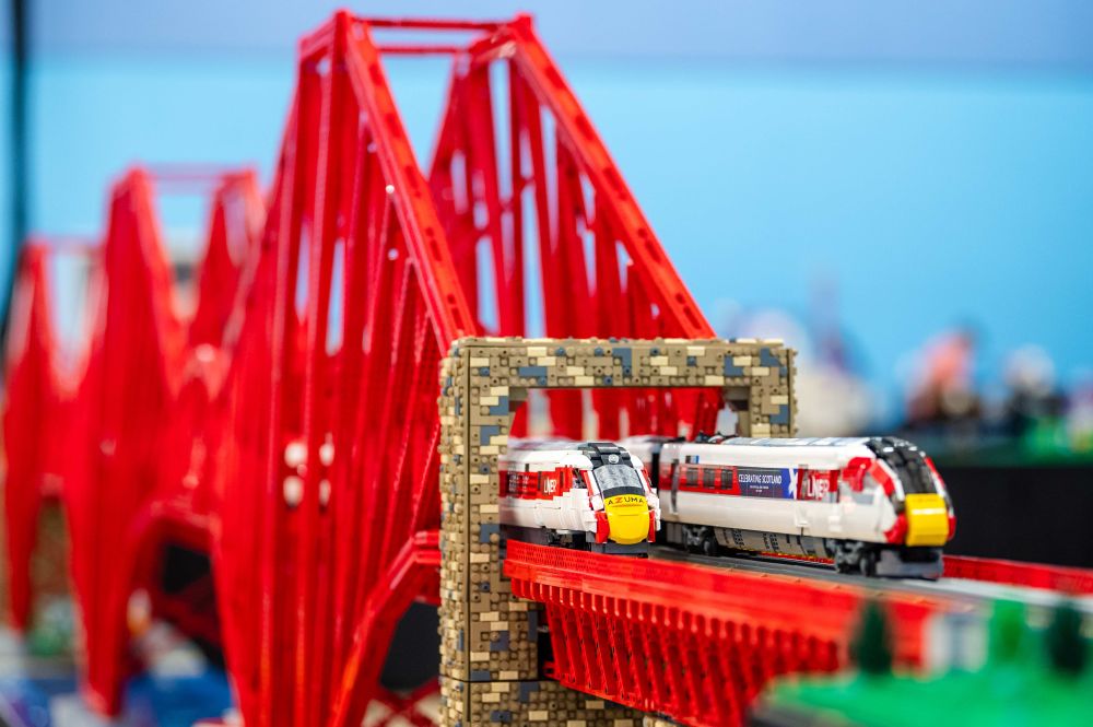 Two Azuma trains crossing the Forth Bridge (in LEGO)