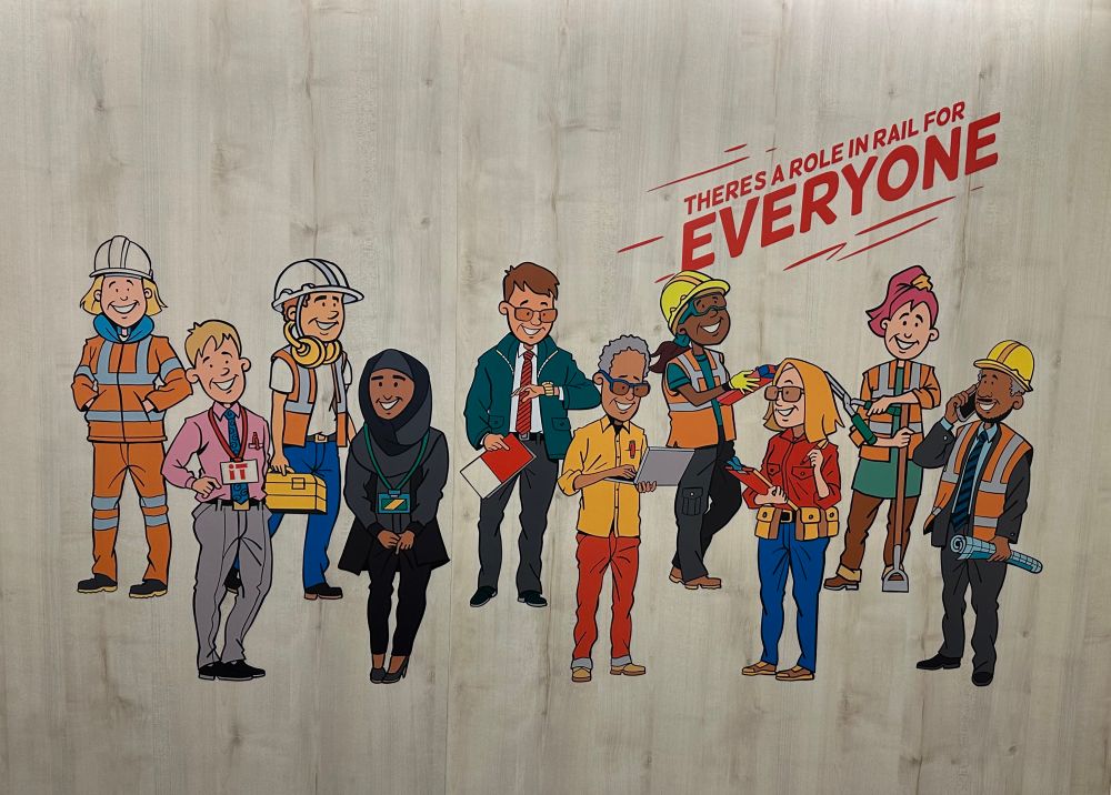 A graphic showing There’s a role in rail for everyone and some drawings of railway people