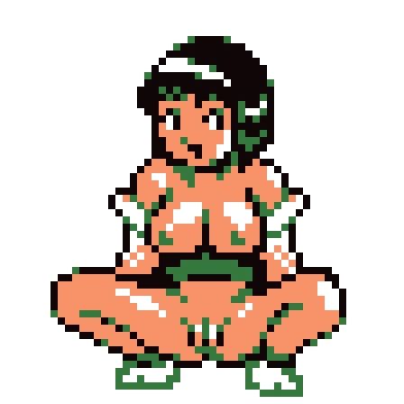 2bit pixel art image of Erika from Pokémon squatting, with part of her kimono pulled aside to show her breasts and pussy 
