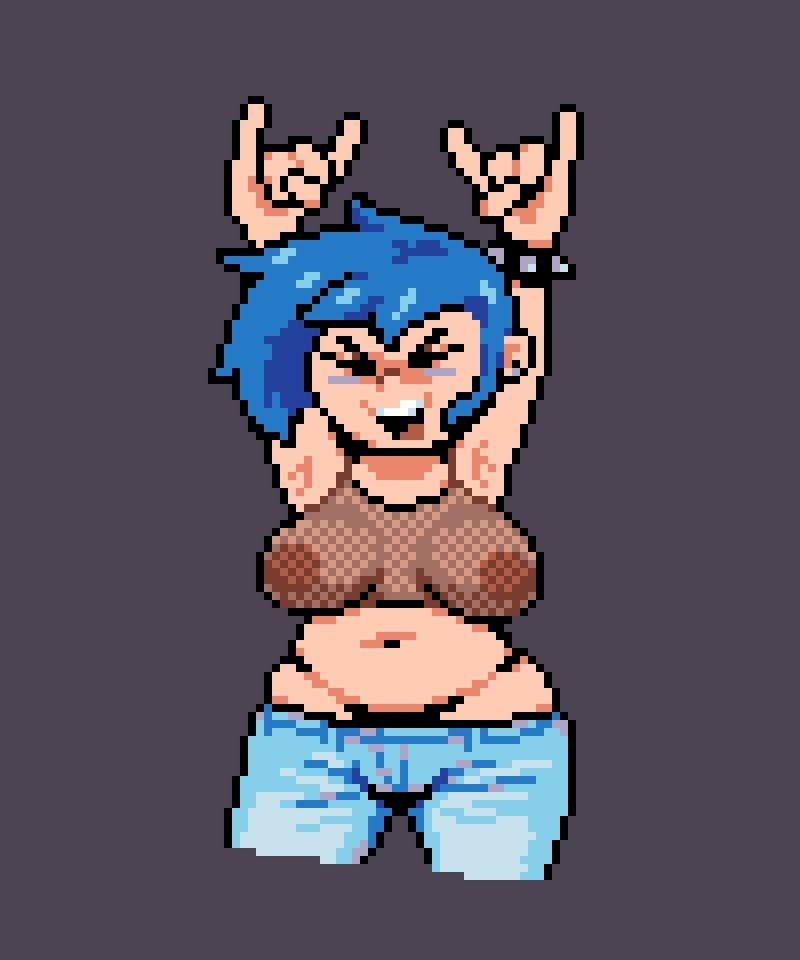 Pixel art image of Albireo making the rock horns gesture with both hands above her head and shouting excitedly. She's wearing a fishnet top that shows her nipples, a spiked bracelet, and low rise jeans that barely cover her black panties.