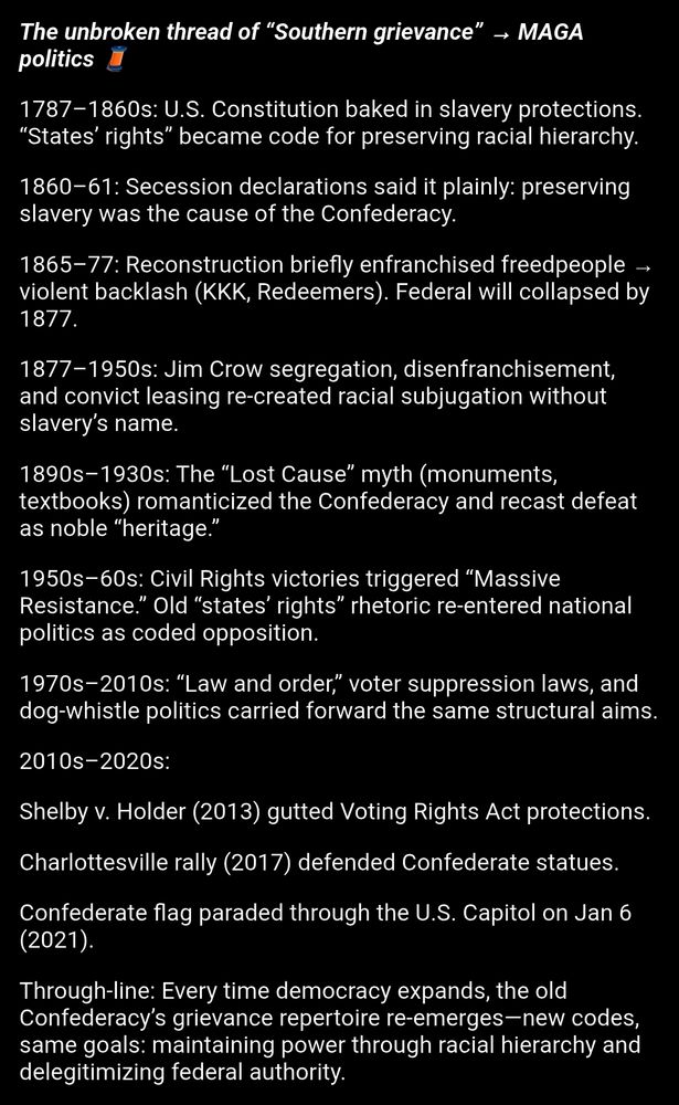 Unbroken thread of Southern Grievance to MAGA politics, a brief timeline of data points from 1787 to 2021.