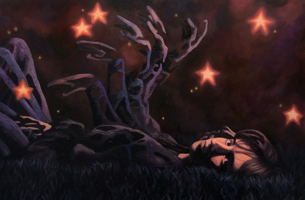 Acrylic painting of a woman laying down horizontally in grass. Behind her is a night sky with big cartoon stars spaced out. Her arm is painting with abstracted movement, pointing up at the sky.
