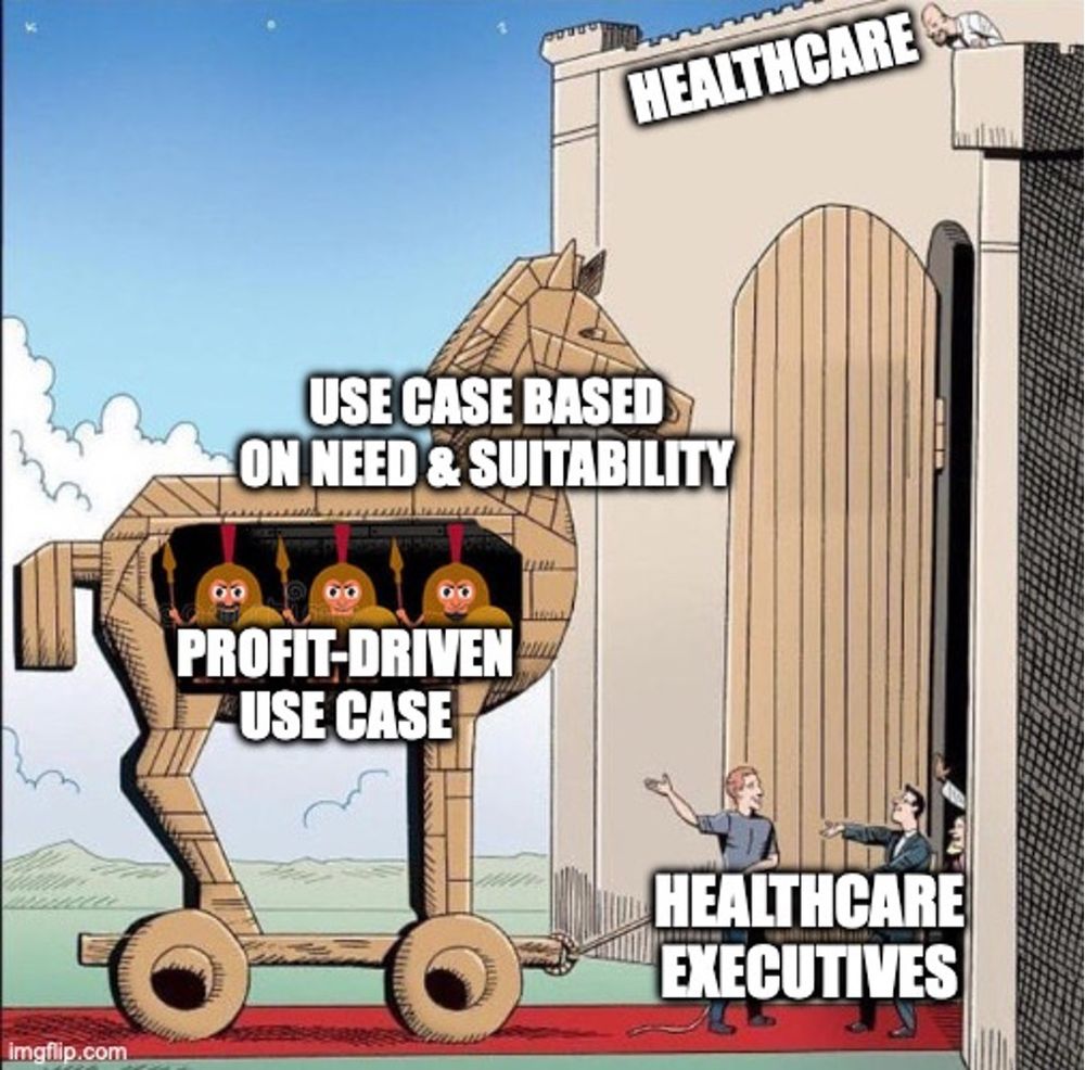 A trojan horse, labeled "use case based on need & suitability" with warriors hidden inside labeled "profit-driven use case". Healthcare execs are greeted at the gates. the castle is labeled "healthcare"