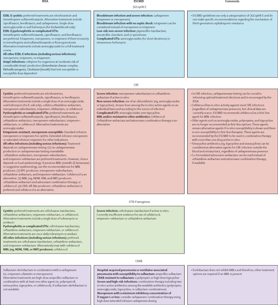 Figure 4 Summary of IDSA and ESCMID guidelines for the treatment of multidrug-resistant Gram-negative bacterial infections

3GCephR-E=third-generation cephalosporin-resistant Enterobacterales. AmpC-E=β-lactamase producing Enterobacterales. CRAB=carbapenem-resistant Acinetobacter baumannii. CRE=carbapenem-resistant Enterobacterales. DTR-P aeruginosa=difficult-to-treat resistant-Pseudomonas aeruginosa. ESBL-E=extended-spectrum β-lactamase-producing Enterobacterales. ESCMID=European Society for Clinical Microbiology and Infectious Diseases. IDSA=Infectious Diseases Society of America. MBL=metallo-β-lactamase. UTI=urinary tract infection.