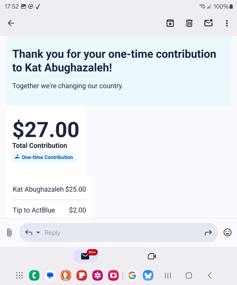Screen shot of an act blue receipt to Kat Abughazelah