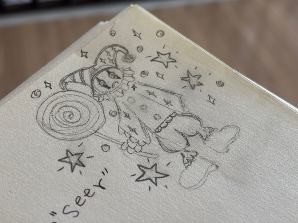 doodle on the side of the page holding a giant lollipop, it has sad makeup and is surrounded by stars and sparkles 