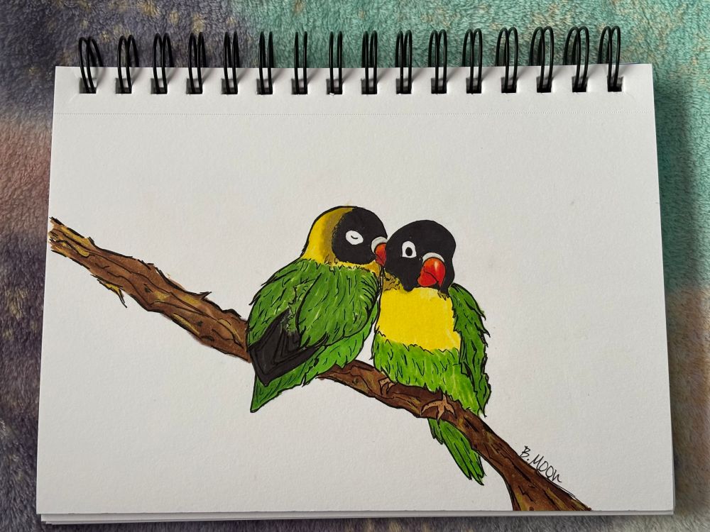 illustration of two yellow and green lovebirds on a branch 