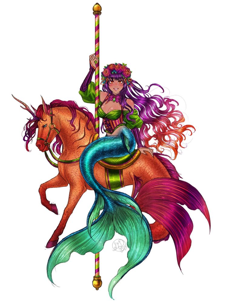 A brightly colored mermaid sitting on a Carousel horse-like creature with a fish tail. Inspired by a hippocampus. 