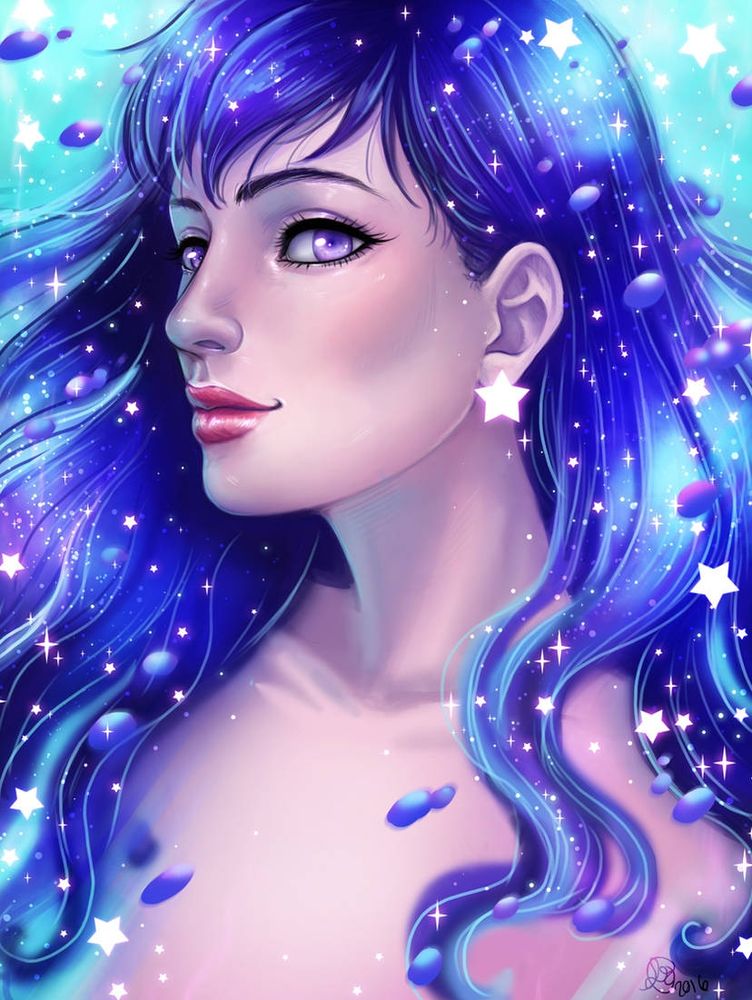 Old digitally painted portrait of my Oc Spacey. She has purple space hair, purple eyes and star themes