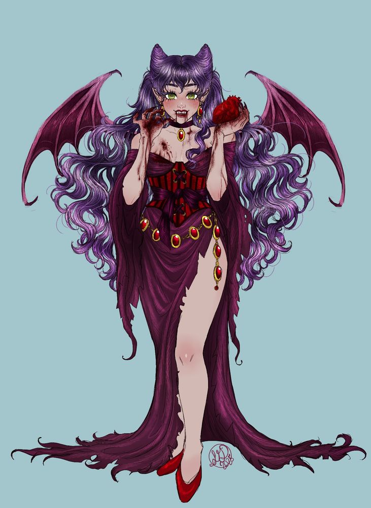Vampiress in a long purple dress, red corset, and gold and ruby belt/matching jewelry. She had green eyes, red lipstick, and purple hair and bat wings. In this version, she had a blood covered face and hands. She is holding a heart in her hand 