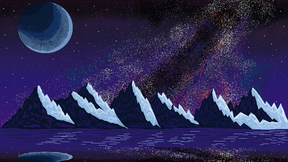 an ms paint drawing of mountains next to the ocean, backed by a stary night sky and a blue moon. the moon and stars show in the reflection of the water, along with faint reflections of the mountains themselves.