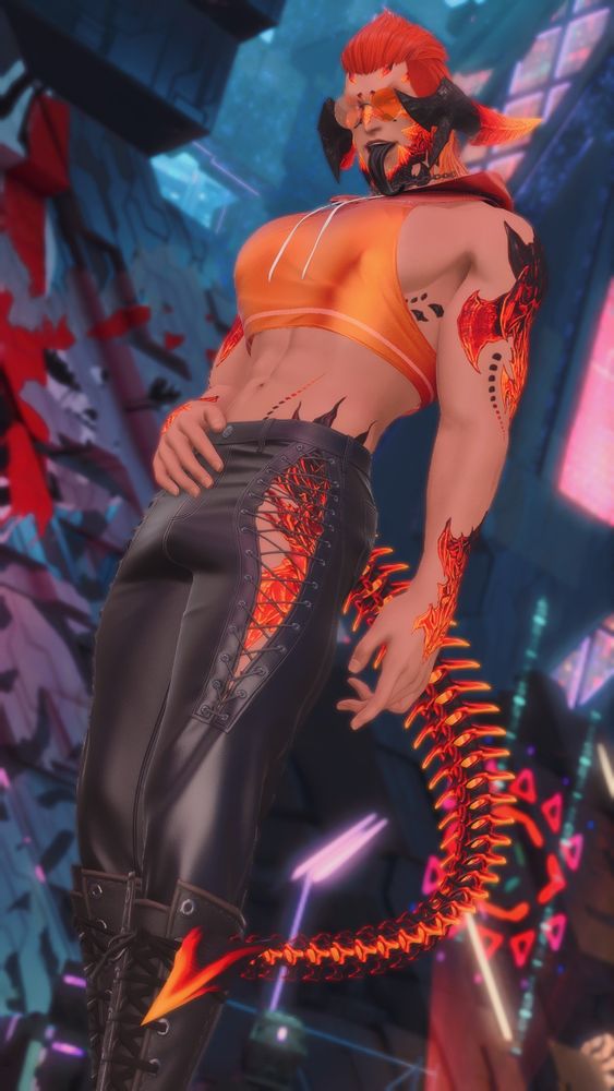 Unnamed Au Ra standing in Solution Nine with his tongue out