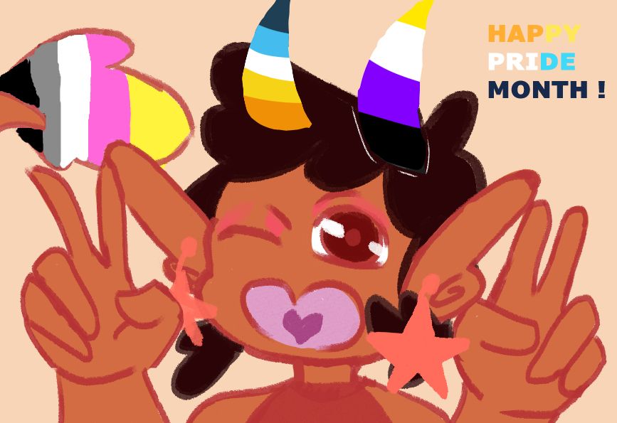 Peanut persona doing "V" signs with both their hands, smilling and winking with one eye. Their Horns and tails wear the non-binary, aroace and queerplatonic's colors. There's a orange background with the tittle "Happy Pride Month !" with the aroace  colors. 