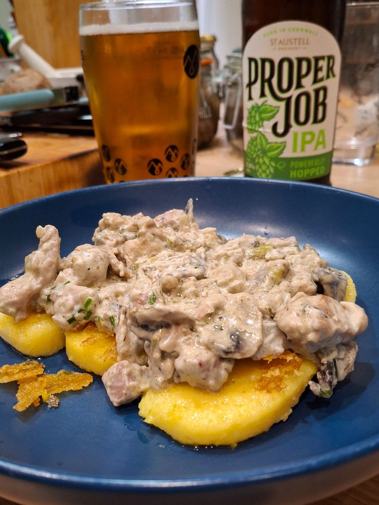 Blue Bowl  chicken Italian sausage giuncale mushroom in creamy sauce fried polenta 
Beer is Proper Job