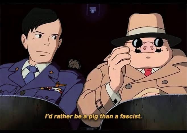 An anthropomorphic pig in a trench coat telling a man in military garb "I'd rather be a pig than a fascist"