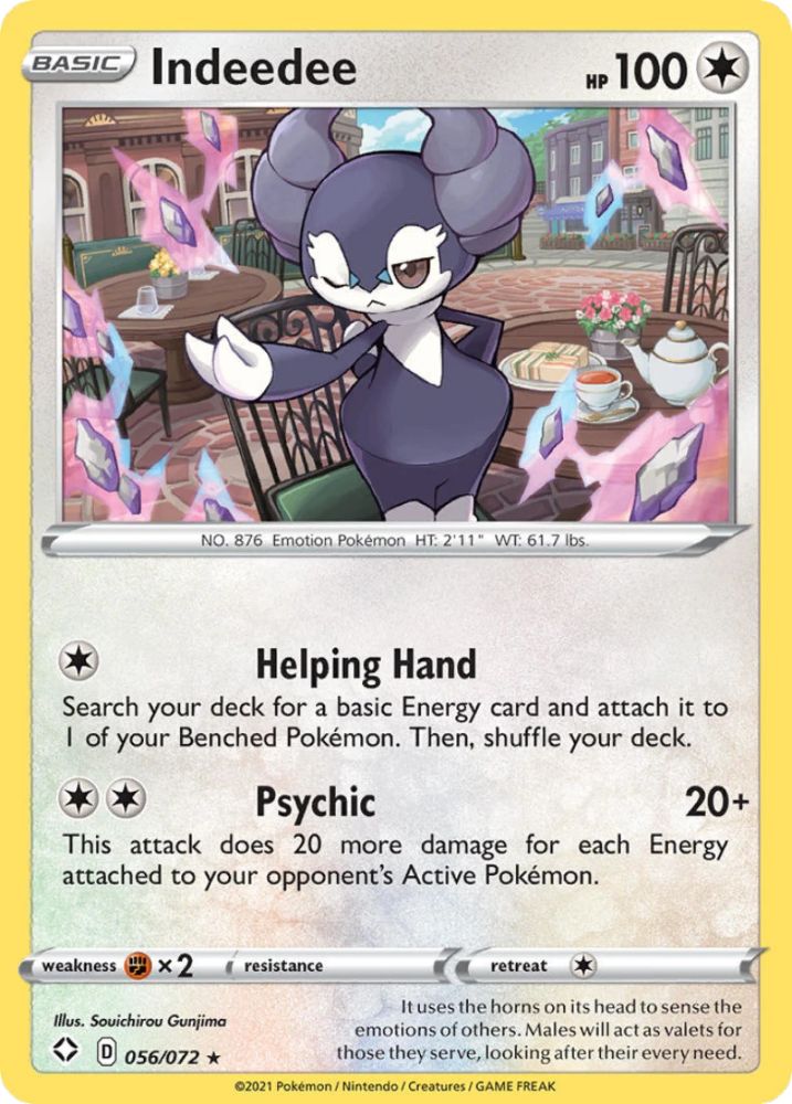 Image of a Pokemon Trading Card. The card is Indeedee, from Sword & Shield - Shining Fates with art from Souichirou Gunjima