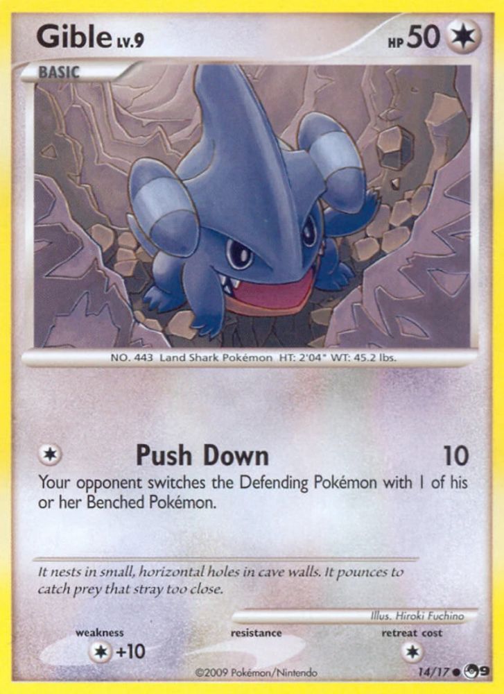 Image of a Pokemon Trading Card. The card is Gible, from POP - POP Series 9 with art from Hiroki Fuchino