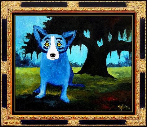 blue dog in front of a tree