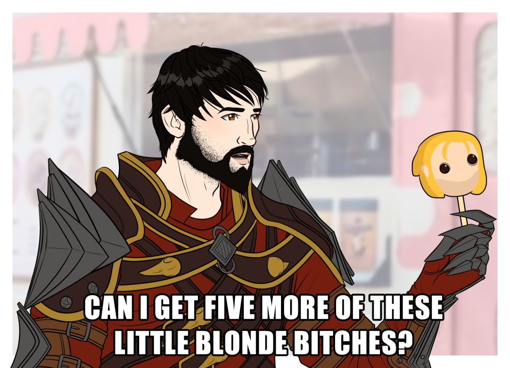A digital art piece of Rogue Default Hawke from Dragon Age II, facing right while holding up a malformed ice cream of Anders' face. It is a parody of the Paris Hilton meme, and has text that says "Can I get five more of these little blonde bitches?"