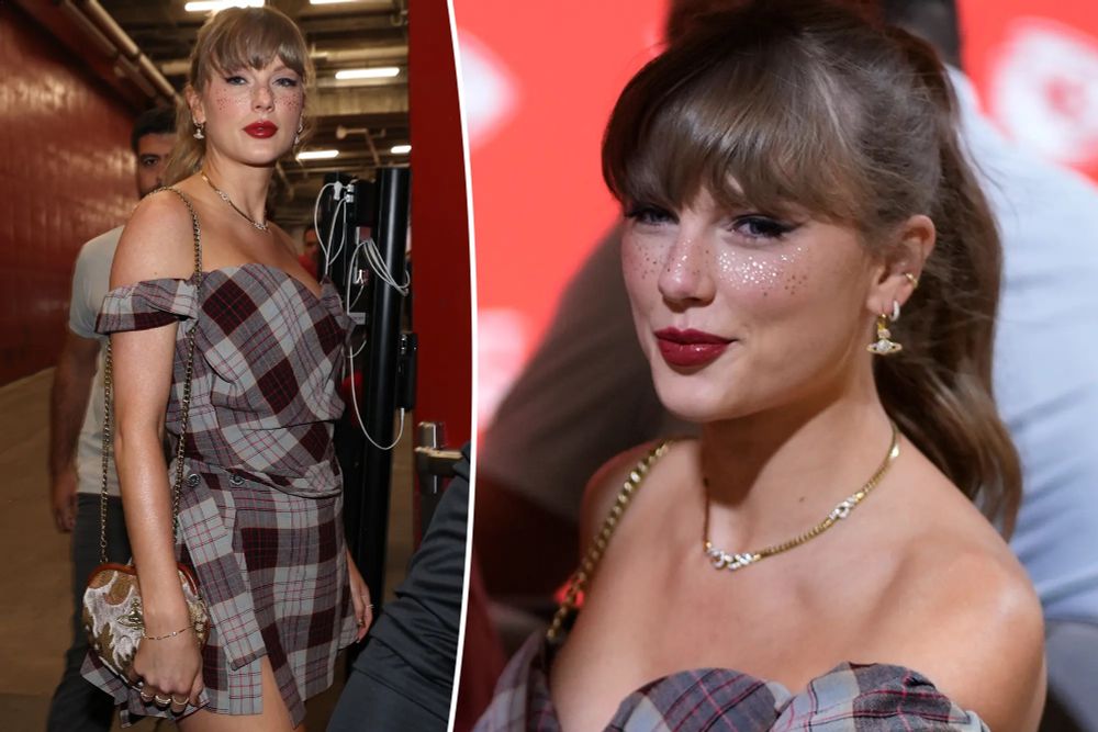 Taylor Swift at the Chiefs game in 2024 wearing a Vivian Westwood plaid outfit, with a ponytail. Make up is glitter freckles