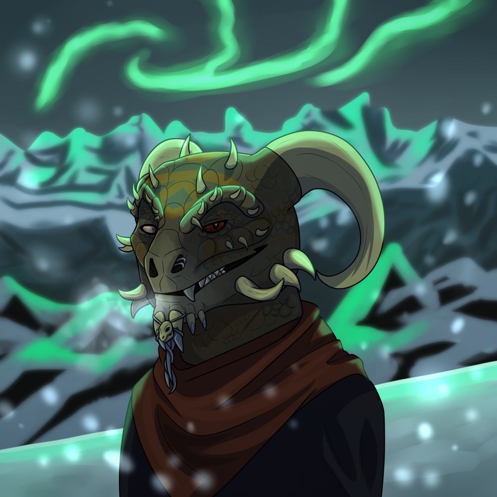 Drawing of a ram-horned Argonian in a red scarf standing in the snowy mountains under the glow of the green aurora borealis. He is blind in one eye
