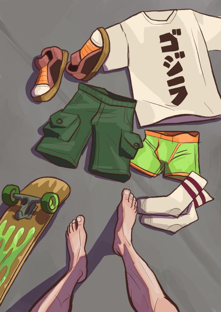 The clothes on the ground, shirt, shoes, boxer shorts, shorts, socks and a skate board. We see the guy naked legs and feet from his point of view