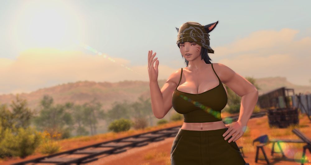 A pale-skinned dark-haired Miqo'te, standing in the desert. She is dressed in drab brown clothes that look too tight for her, and is fanning herself in the heat.