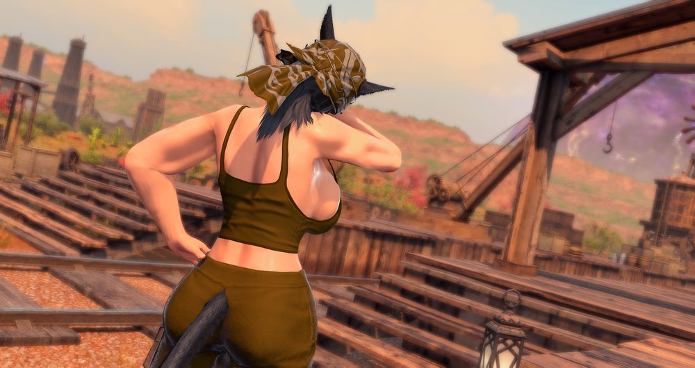 A pale-skinned dark-haired Miqo'te, standing in the desert. She is dressed in drab brown clothes that look too tight for her, and is wiping her brow in the heat. The shot is from behind, showing her back.