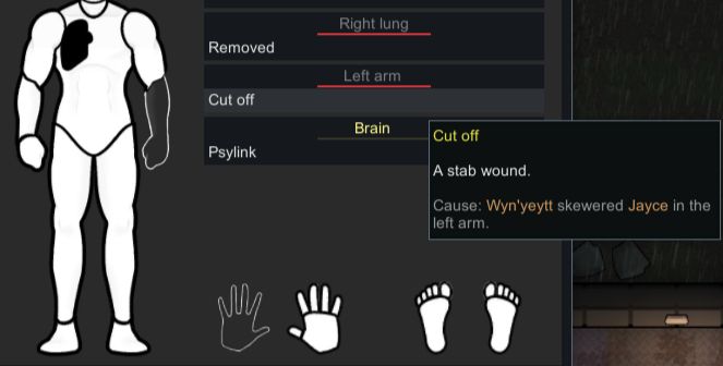A diagram showing a character that is missing one lung and half of their arm. The hover text over the missing arm says "Cut Off. A stab wound. Cause: Wyn'yeytt skewered Jayce in the left arm". The screenshot is taken from a modded playthrough of Rimworld