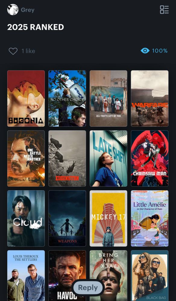 2025 ranked;

BUGONIA
NO OTHER CHOICE
ALL THAT'S LEFT OF YOU
WARFARE
ONE BATTLE AFTER ANOTHER
EDDINGTON
LATE SHIFT 
CHAINSAW MAN
CLOUD
WEAPONS
MICKEY 17
LITTLE AMELIE
LOUIS THEROUX THE SETTLERS
HAVOC
BRING HER BACK 
BLACK BAG 