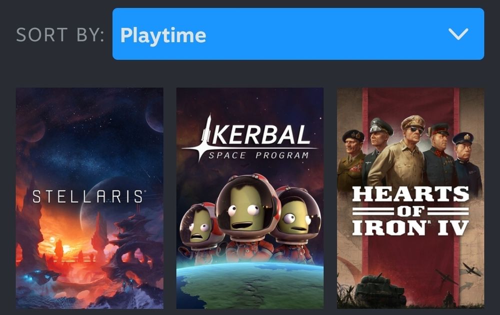 The top three most played games in my steam library ordered left to right descending playtime. Stellaris in first with 1360 hours, kerbal space program with 1330, and hearts of iron four with 1200-ish.