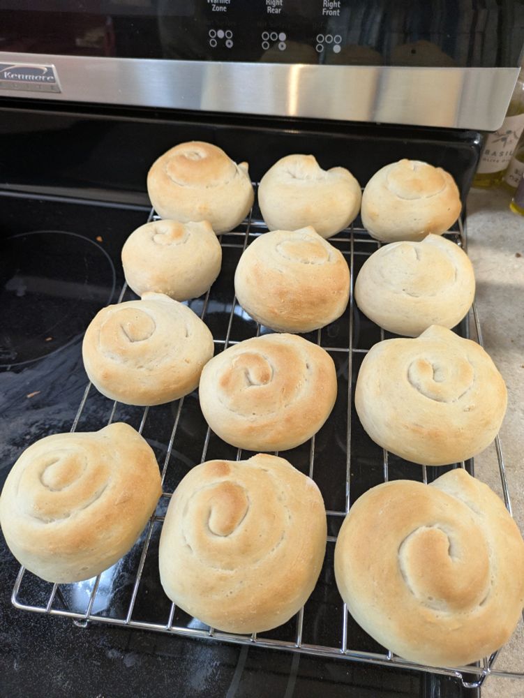 Twelve rolls on a cooling rack fresh from the oven. I would alt text the smell if I could.