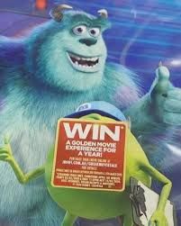 A dvd cover of Mike Wazowski's face being blocked by a sticker. A known joke in the movie