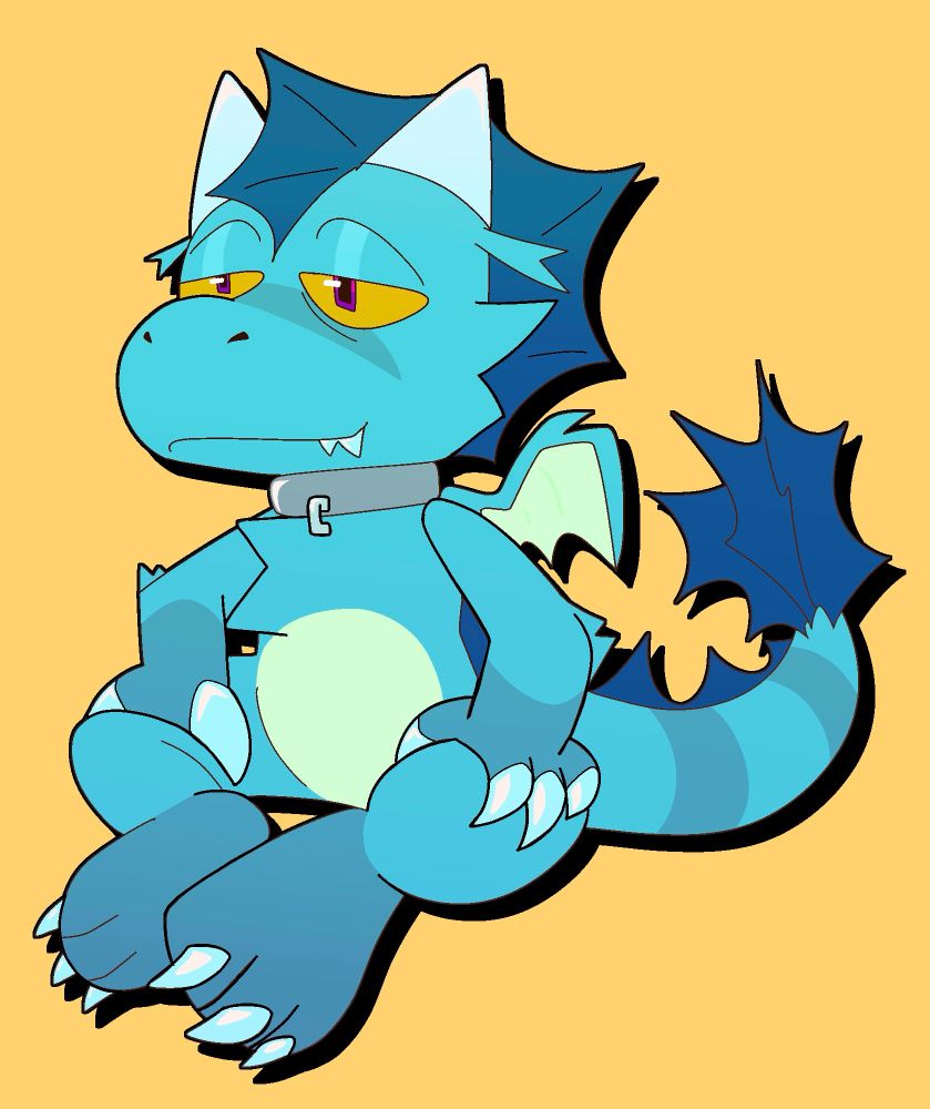 a blue dragon sitting in an odd pose
