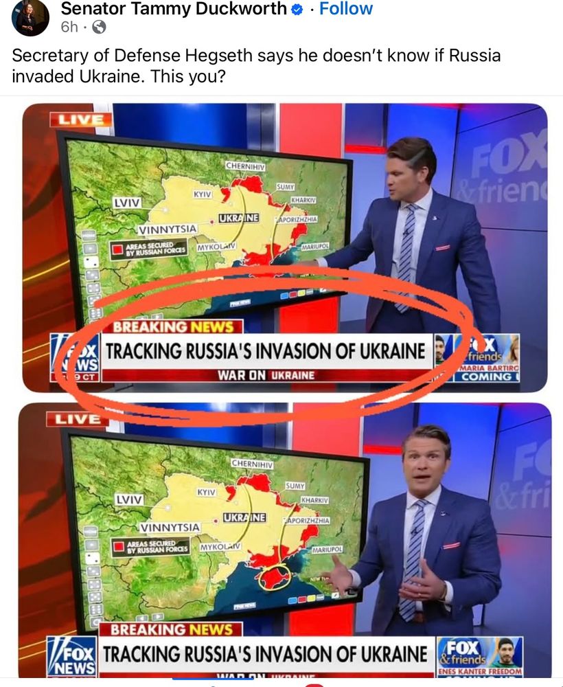 Hegseth standing next to a screen with a map of Ukraine and the chyron says,  “Breaking News Tracking Russia’s invasion of Ukraine” Fox News.