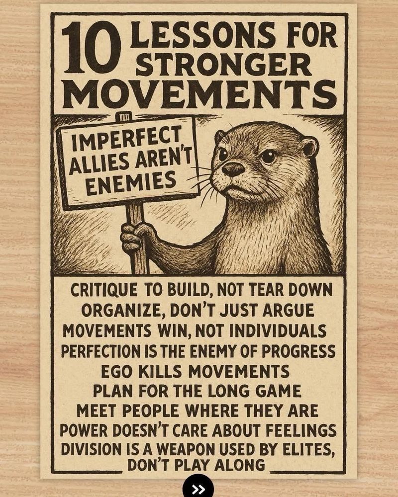 10 Lessons for Stronger Movements. Imperfect Allies Aren’t Enemies; Critique to Build, Not Tear Down; Organize, Don’t Just Argue; Movements Win, Not Individuals; Perfection Is the Enemy of Progress; Ego Kills Movements; Plan for the Long Game; Meet People Where They Are; Power Doesn’t Care About Feelings; Division Is a Weapon Used By Elites, Don’t Play Along