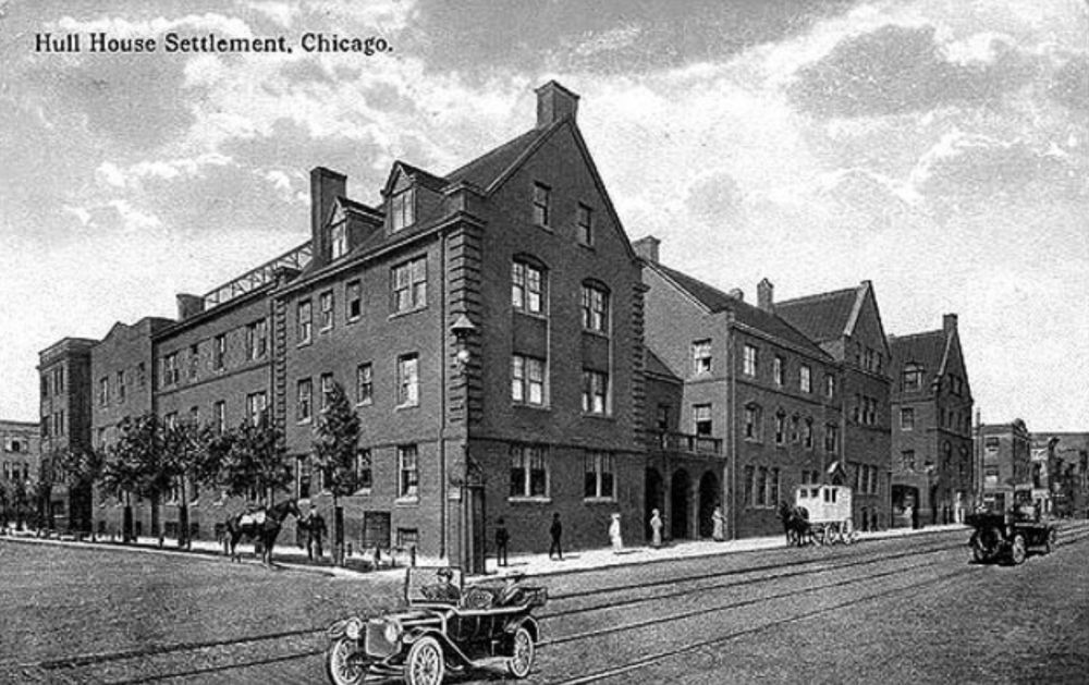 Postcard of Hull House Settlement, Chicago. Jane Addams opened Hull House in 1889. She and other residents of Hull-House wrote legislation to abolish child labor, establish juvenile courts, limit the hours of working women, recognize labor unions, make school attendance compulsory & ensure safe working conditions in factories. 