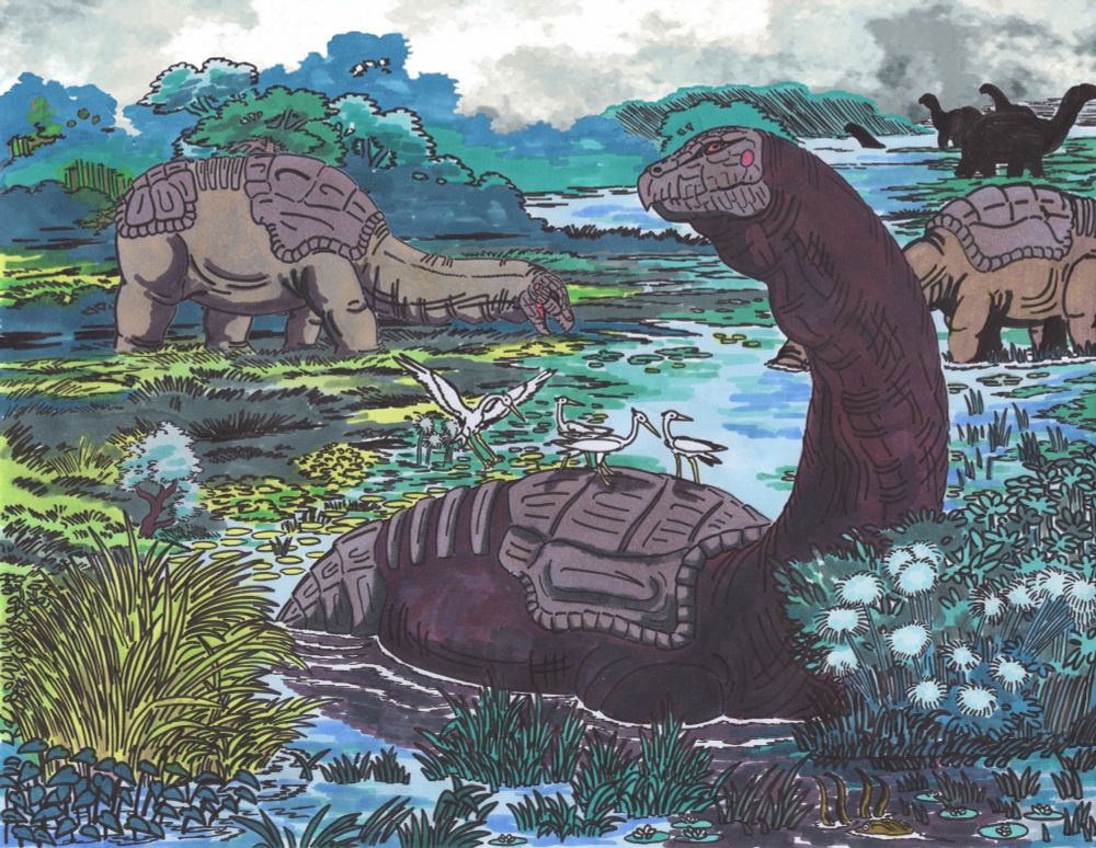 Scene of a herd of toratons, giant 120-ton descendants of the tortoise from the 2002 documentary series The Future Is Wild, foraging and wading in a lush, green swamp 100 million years in the future. 

The scene itself is a reference to a famous painting depicting the sauropod dinosaur Brontosaurus made by Charles R. Knight in 1897. 