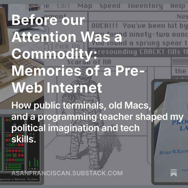 A collage of software from the 1990s, with a VT terminal and the title and subtitled of the post in white letters in front.