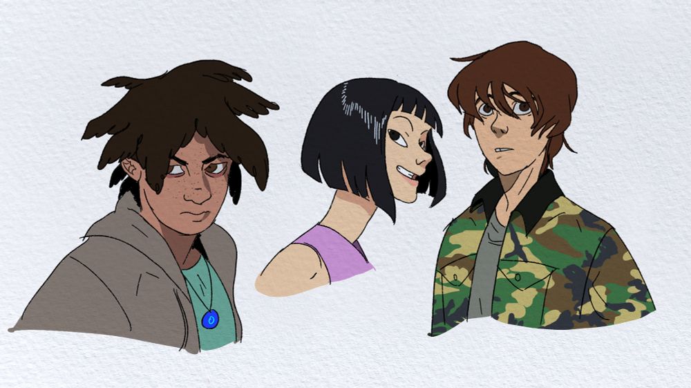 three bust illustrations seen here of the teenage main characters from the comic Blue Hollow; Bill is mysterious in a grey hoodie, Maple is mischievous in violet, and Onion is sweet but concerned in his iconic camo jacket 