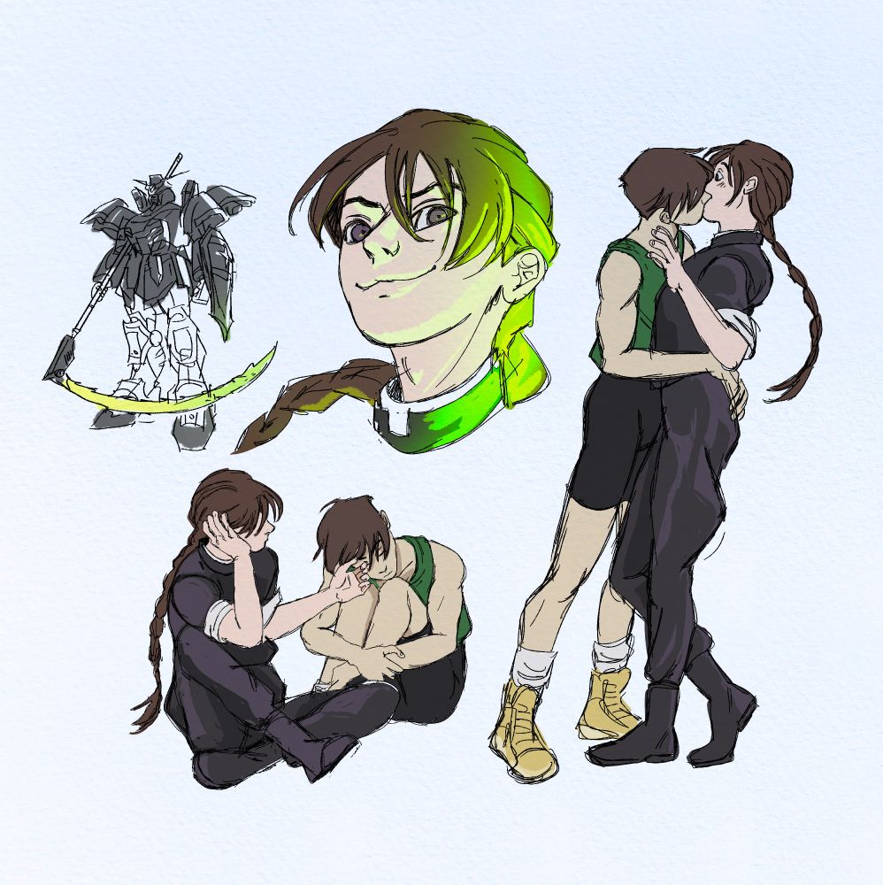 fanart for Gundam Wing. Several spot sketches; one, duo and heero sit on the ground. heero is sleeping but duo is awake, gently touching the corner of one of his closed eyes. In another heero kisses duo who has a look of surprise. third drawing is a portrait of duo grinning confidently with a hot lime green spotlight. final sketch is of the gundam deathscythe with the blade deployed. 