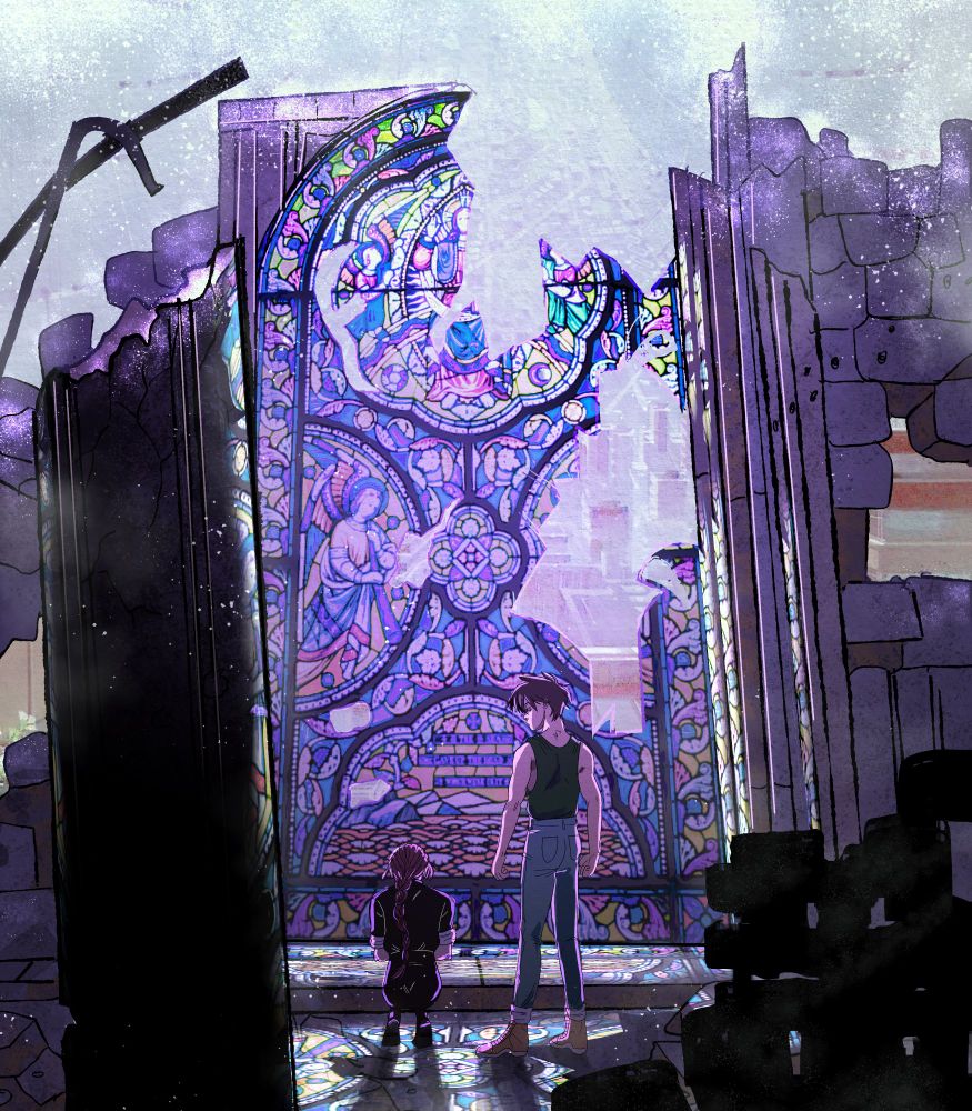 fanart for the anime Gundam Wing. Heero and Duo stand in the purple ruins of a destroyed colony church. Duo is knelt down in front of a broken stained glass window. Heero looks at him as if trying to understand but not quite managing it yet.  A light snow speckles the broken architecture.