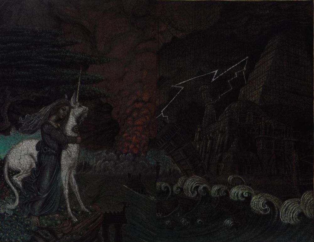 a painting of a stormy night by the ocean. A unicorn and a troubled maiden stand on the shore watch something roiling in the distance. 