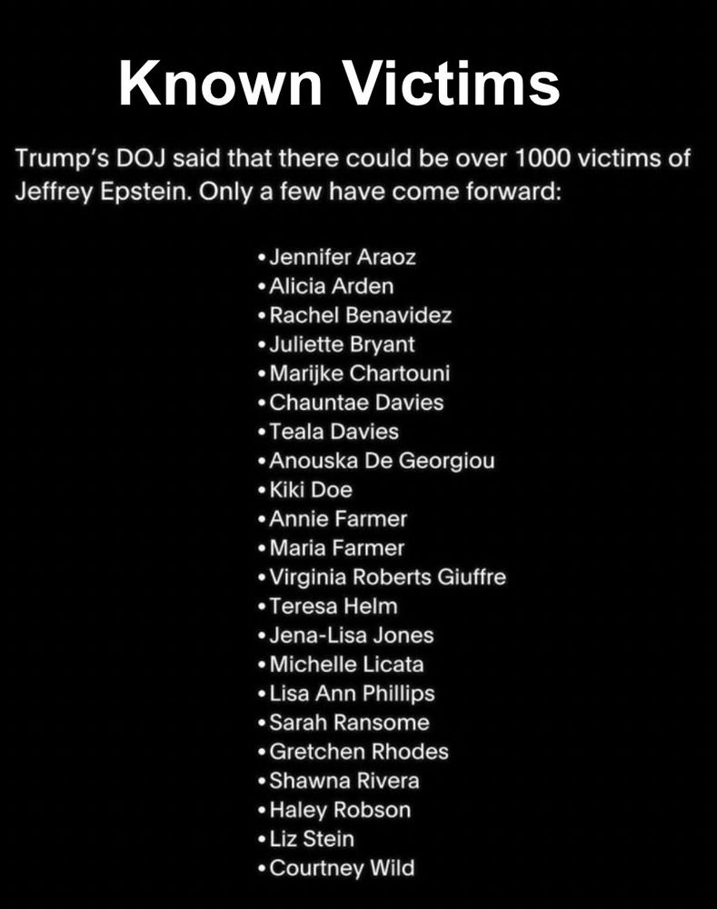Known Victims
Trump's DOJ said that there could be over 1000 victims of Jeffrey Epstein. Only a few have come forward:
• Jennifer Araoz
• Alicia Arden
• Rachel Benavidez
• Juliette Bryant
• Marijke Chartouni
• Chauntae Davies
• Teala Davies
• Anouska De Georgiou
• Kiki Doe
• Annie Farmer
• Maria Farmer
• Virginia Roberts Giuffre
• Teresa Helm
• Jena-Lisa Jones
• Michelle Licata
• Lisa Ann Phillips
• Sarah Ransome
• Gretchen Rhodes
• Shawna Rivera
• Haley Robson
• Liz Stein
• Courtney Wild