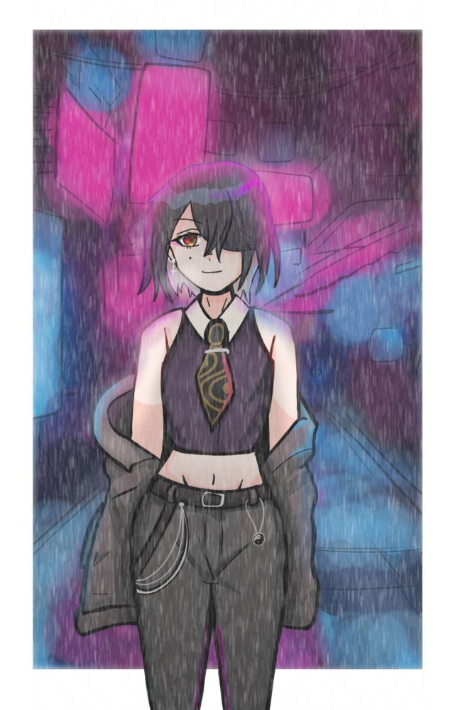 Casual, modern Xu Fu in a rainy evening, with a simple neon background. 