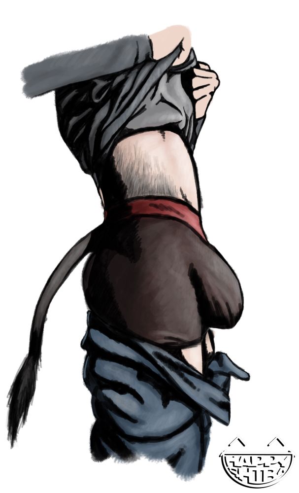 Man with a donkey tail pulling his shirt up and pants down