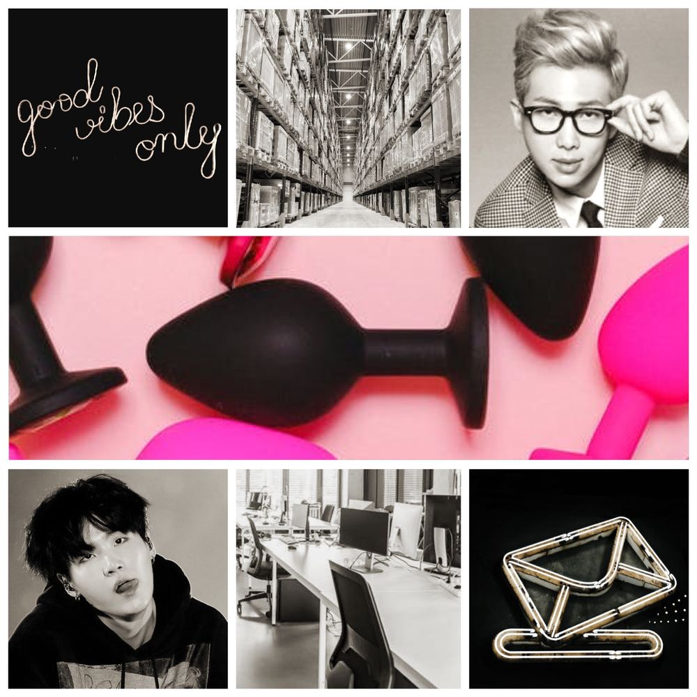 Namgi moodboard with a corporate theme of black and white pics except for a strip across the middle showing bright pink and black butt plugs