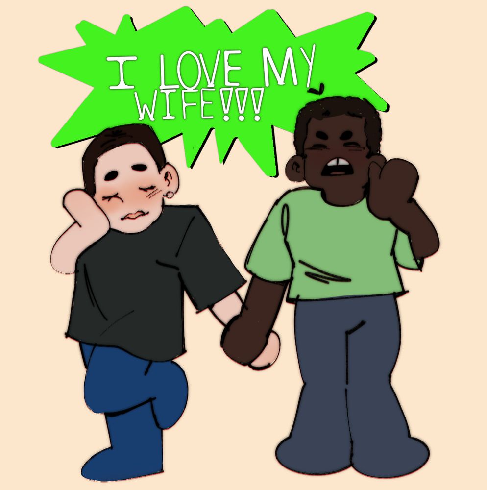 drawing of me screaming i love my wife (on the right) while holding my wifes hand (on the left)